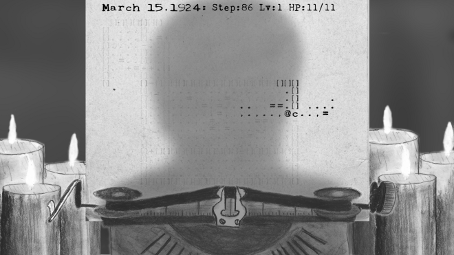 A 7DRL roguelike on a typewriter.